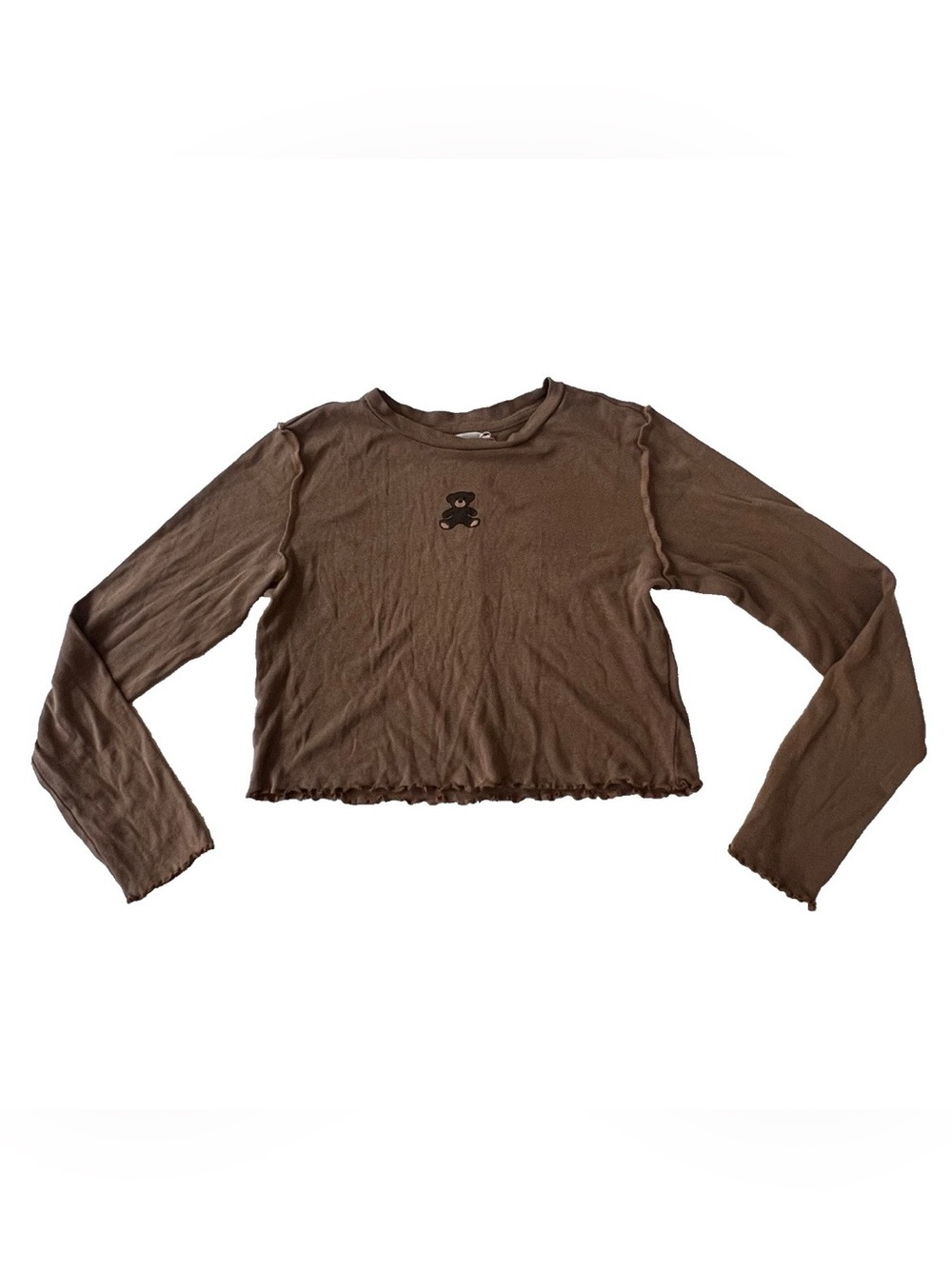 Urban Nation Long Sleeve Teddy Bear Cropped Top M Ruffle Hem Y2K Indie Sleaze